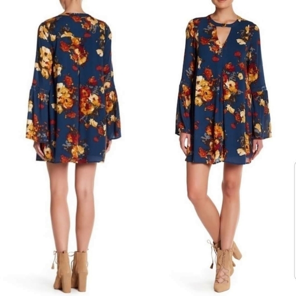 BLU PEPPER Bell Sleeve Front Cutout Floral Print Dress S Boho Coquette - Picture 1 of 8
